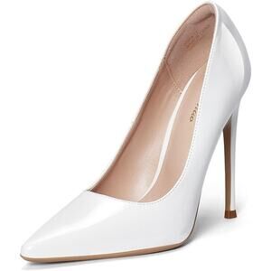 Genshou Womens Size 7 White Patent Leather 5" Heel Pointy Closed Toe Pumps Shoes